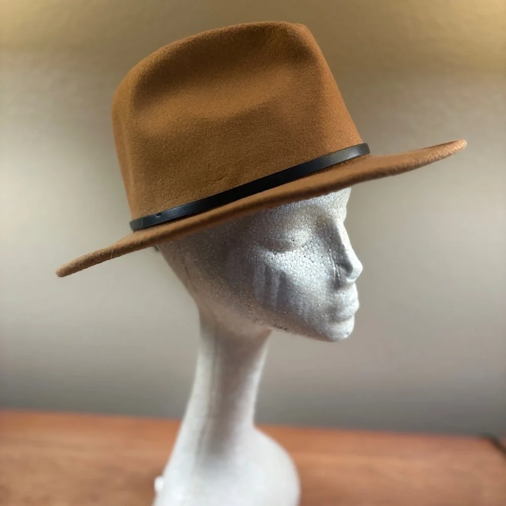 Fedora, Classic Unisex Camel Brown Adjustable Hat with Buckle Black Trim